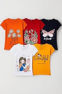 - Girls Cotton Printed Regular Fit T-Shirt (Pack of 5)
