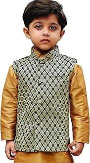 JBN CreationBoys' Silk Blend Nehru Jacket || Banarasi Brocade Woven Jacquard Modi/Nehru Jacket || Ethnic Wear for Festivals, Weddings