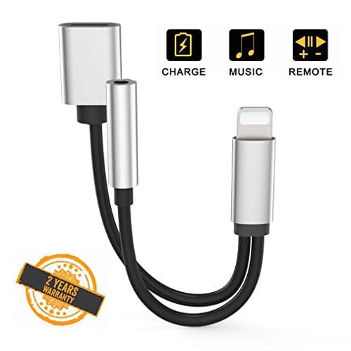 Headphone Adapter for iPhone X Earphone 3.5mm Jack AUX Cable Audio Adaptor Splitter for iPhone 8/8Plus/7/7Plus/X/XS max Music & Charge Dongle Cable Convertor Accessories Support iOS 12 - Silver Black