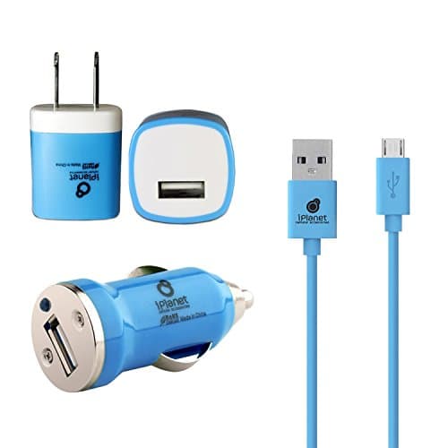3 in 1 Wall and Car Micro USB 2.1A Samsung iPlanet Travel Charger set with High Speed USB Wall AC and DC Car Power Adapter plugs with Sync Data Charging Cable for Samsung and V8 Port devices (Blue)