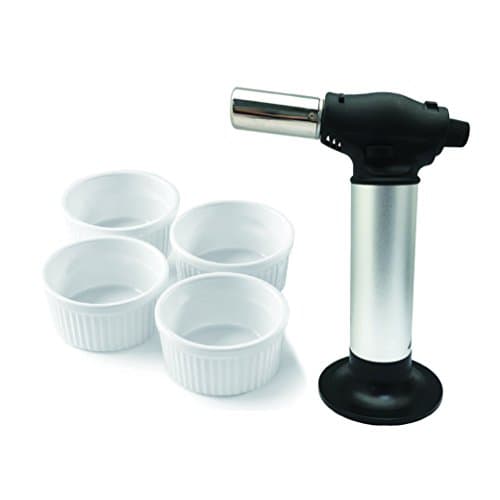 A-ONE KITCHEN TOOL Silver Culinary Creme Brulee Cooking Blow Torch Burner with 4-Piece White Round Porcelain Ramekins