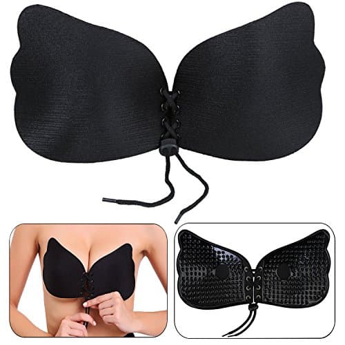 Reusable Strapless Bra Backless Invisible Self Adhesive Push Up Bra Silicone Cups with Drawstring for Wedding & Prom Party Black A