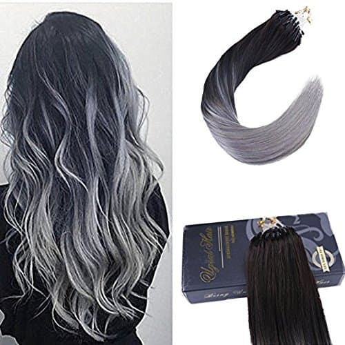 Ugeat 24inch 1g Per Strand 50Gram Per Package Loop Micro Ring Beads Tipped Remy Human Hair Extensions Ombre Loop Extensions Ombre Color Off Black #1B Fading to Silver Grey Color