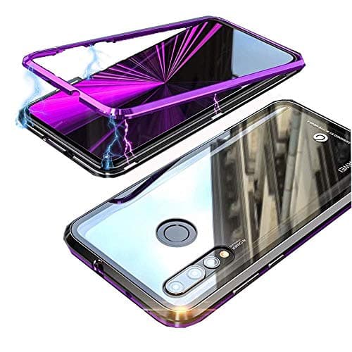 Funit Magnet Adsorption Case for Huawei Nova 4 Metal Frame+Clear 9H Glass Back Hard Cover Hybrid Case Ultra Slim Fitting Anti-Scratch Support Wireless Charging Huawei Nova 4 Cover (Black Purple)