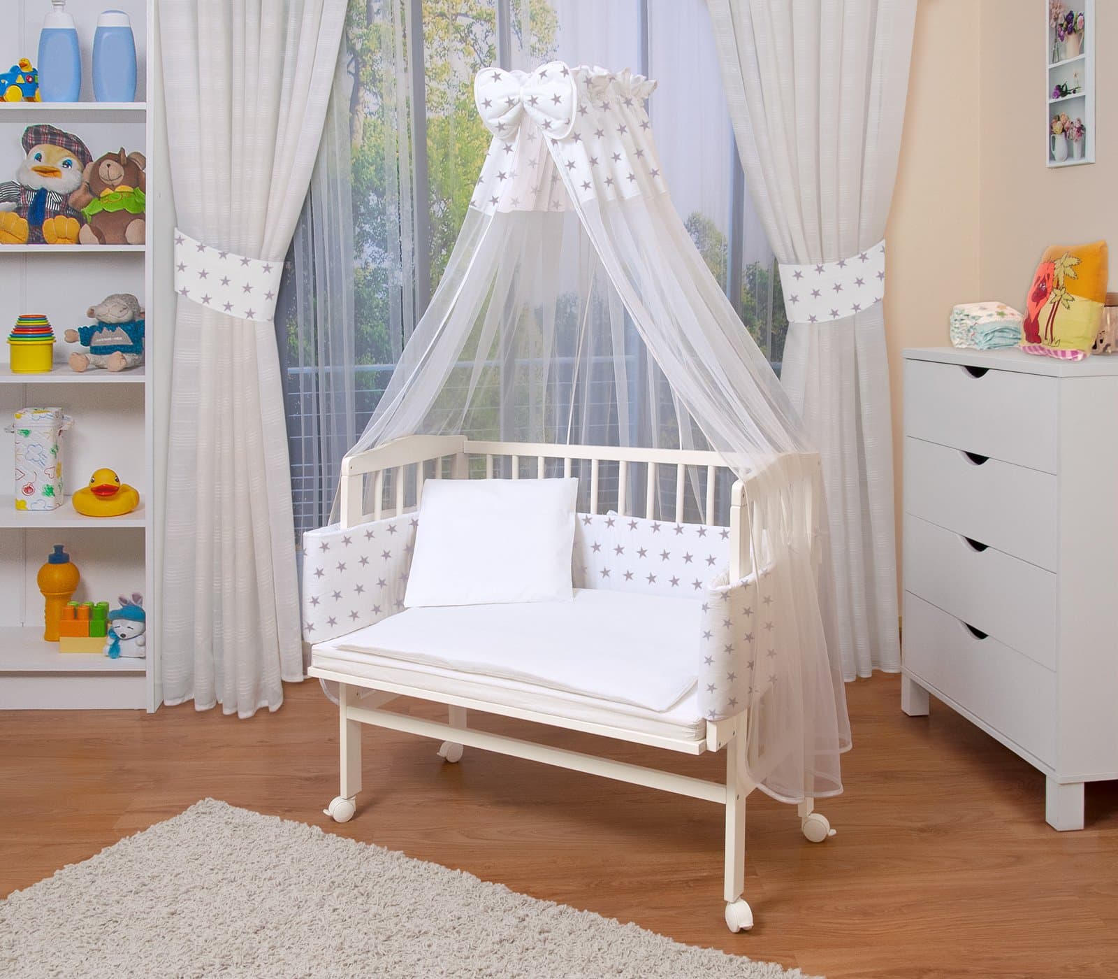 WALDIN Baby Bedside Cot Co-Sleeping Height Adjustable,White Painted, 16 Models Available,Textile Colour White/Stars Grey