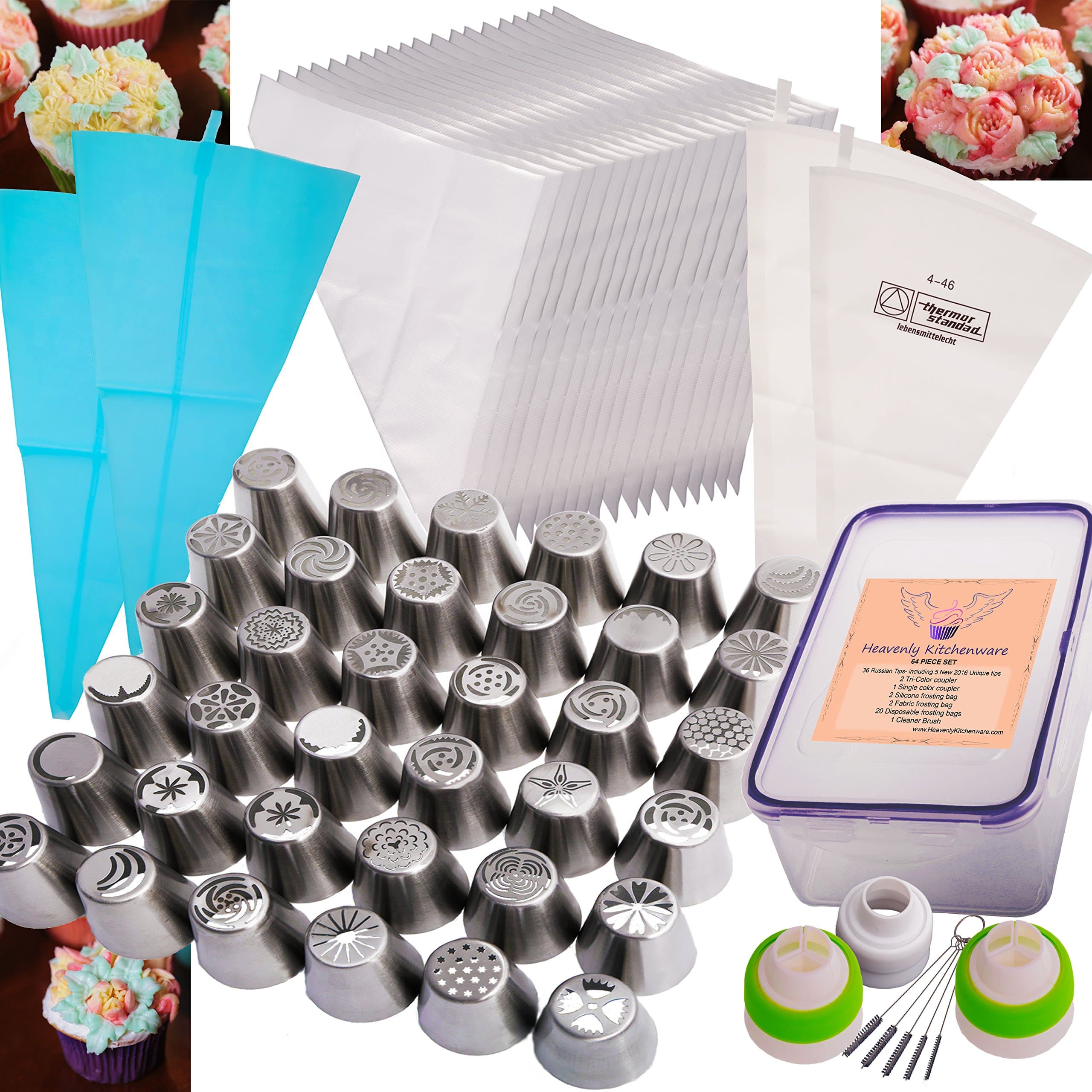 Russian Piping Tips 64 PC Set- (36 Russian Tips,2 Tri-Color Coupler,1 Single Color Coupler, 2 Silicone & 2 Fabric Bag, 20 Disposable bags & Cleaner Brush)