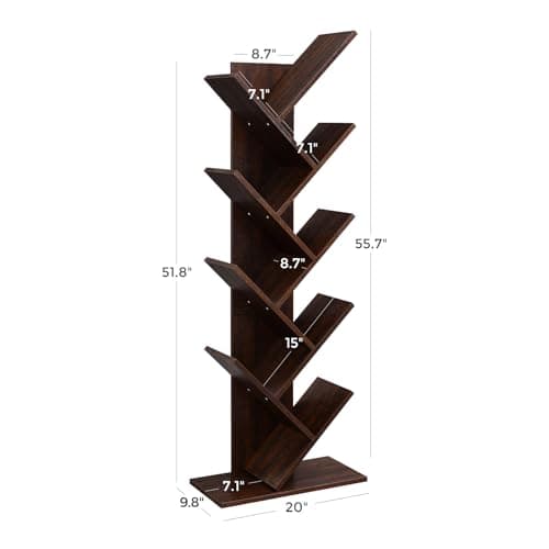 VASAGLE Tree Bookshelf, 9-Tier Bookcase, Large Bookshelf, Space-Saving Corner Shelf, Book Tree, Holds Books, CDs, Games, for Bedroom, Living Room, Home Office, Walnut Color ULBC11BY