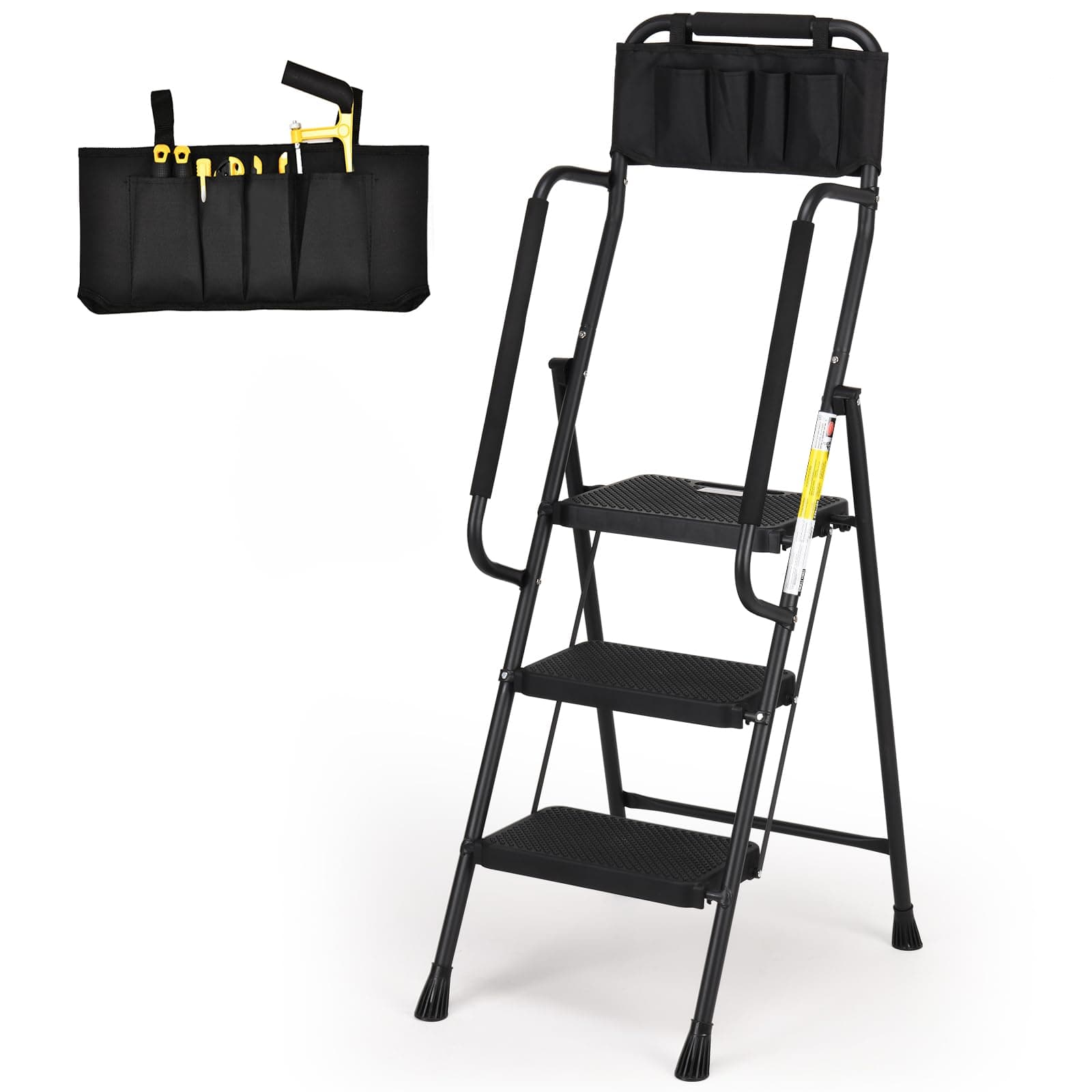 HBTower Step Ladder with Handrails, Folding Step Stool with Attachable Tool Bag & Anti-Slip Wide Pedal for Home Kitchen Pantry Office, Black