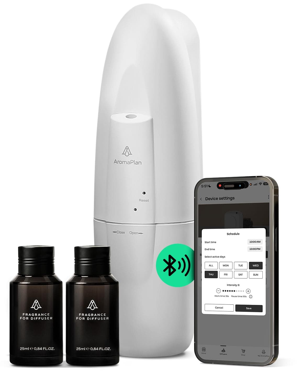 5 Star Collection Plug in Diffuser (2 Fragrances Included)-Cold Air & Waterless Diffusers for Home & Office- Silent Wall Diffuser Plug in, Bluetooth App Control, 1000 sq. ft (White)