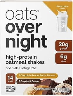 OATS Overnight High-Protein Oatmeal Shakes + Shaker Bottle with Chocolate Peanut Butter, Cookies & Cream (14-Pack, 7-2.7/7-2.8 oz pouches) Plus 2 Sugar-Free White Peach Hydration Sticks