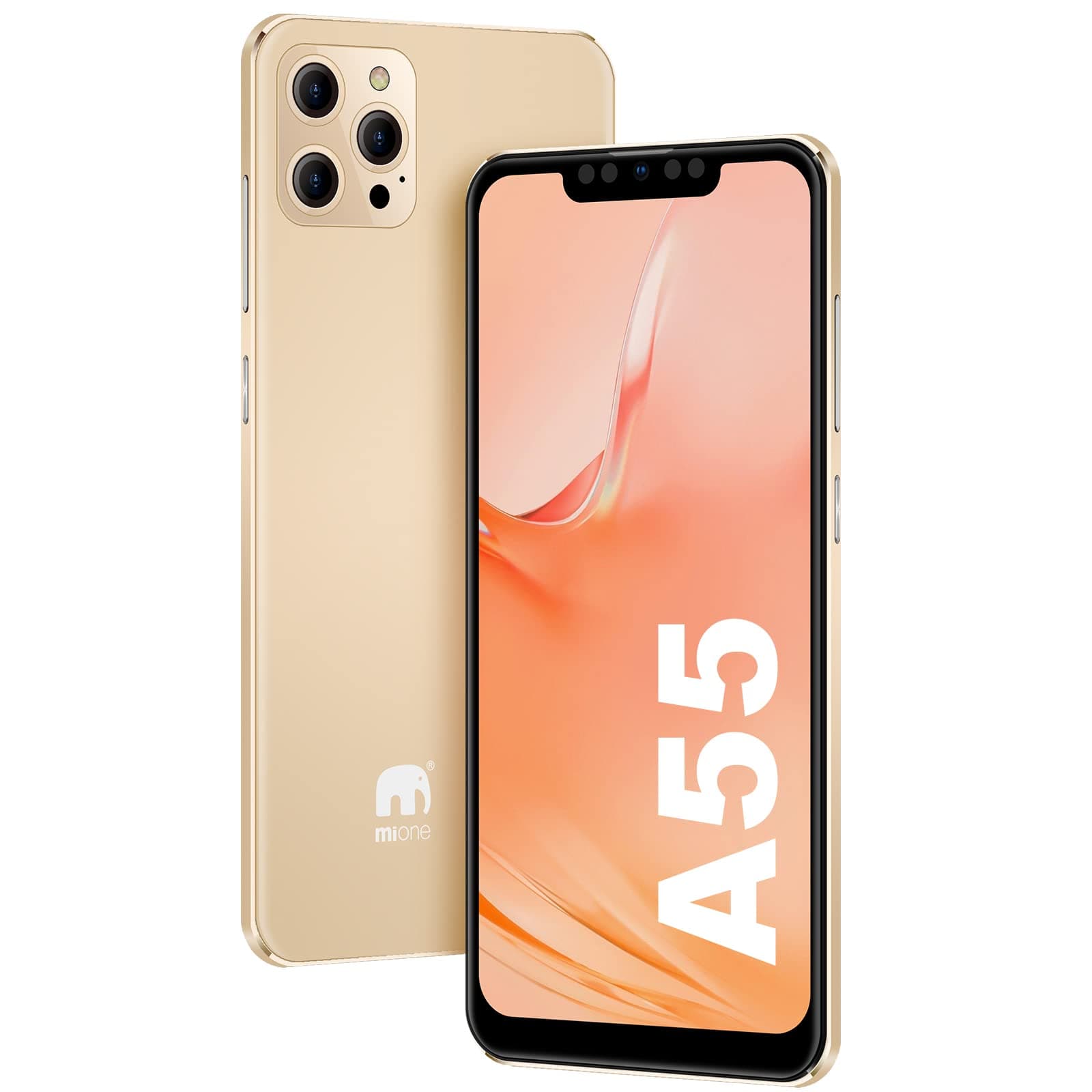 Smartphone Android, Mione 6.53” HD+ Full Screen, Face Unlock + Dual Sim Mobile Phone, 3200mAh Long Lasting Battery AI Camera 8MP+5MP Cell Phone for Quad-core 2GB+32GB (A55-Gold)