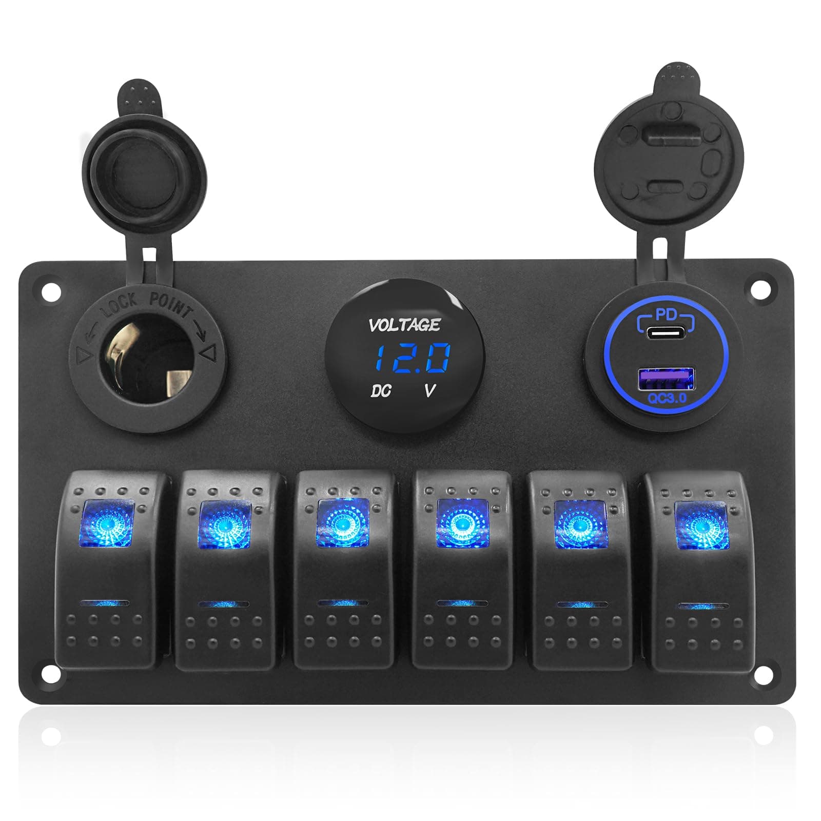 Marine Boat Blue Rocker Switch Panel 6 Position 12 Volt Socket+ Dual USB Charger (2.1A+1A)+ Digital Voltage Display Meter Water-Resistant Aluminum Plate with 6 Gang Control On Off Switches