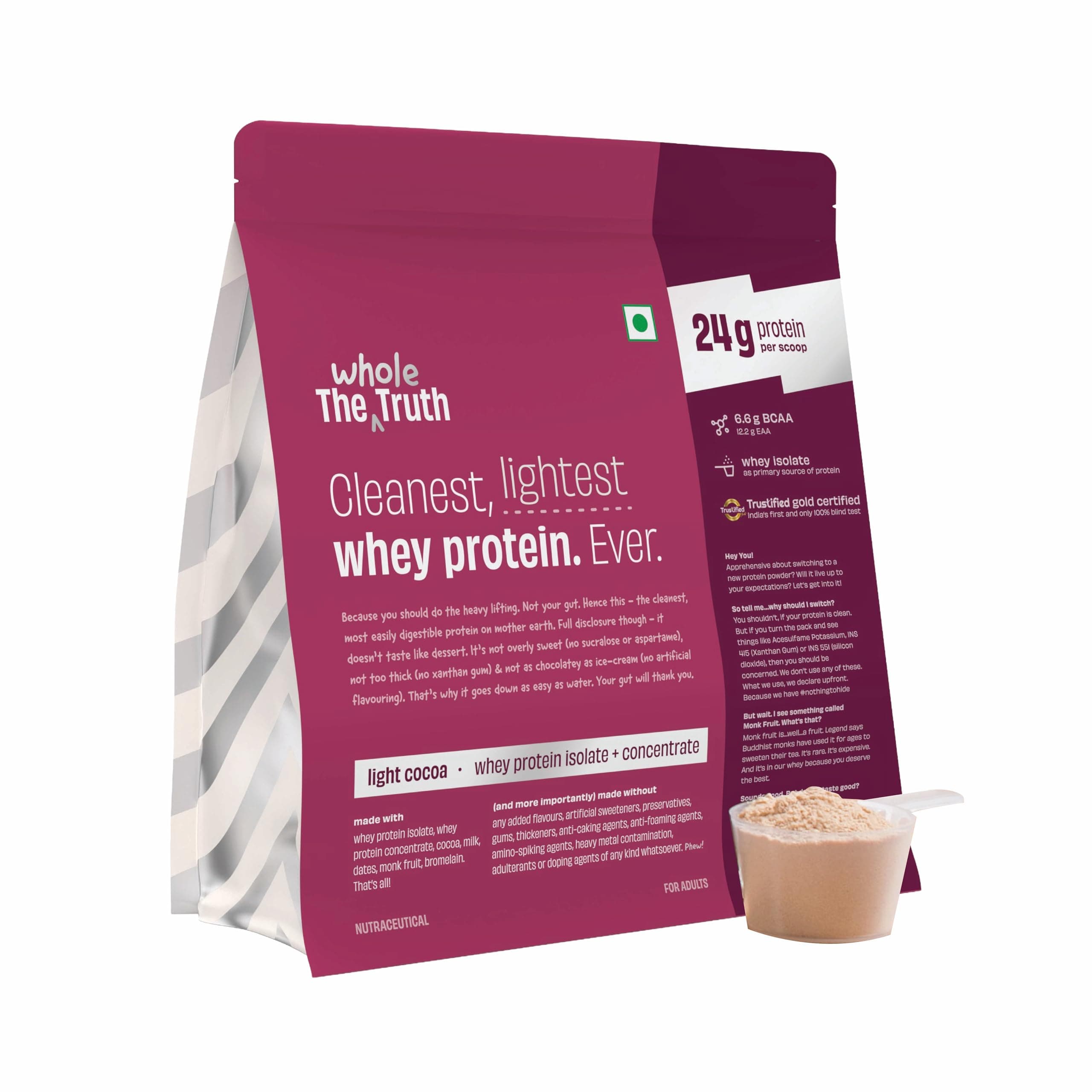 Whey Protein Isolate+Concentrate | Light Cocoa 1 kg (2.2 lbs) | 24g Protein/Scoop | 6.6g BCAA | 100% Authentic Whey & No Adulteration | Clean, Light & Easy to Digest | Vegetarian
