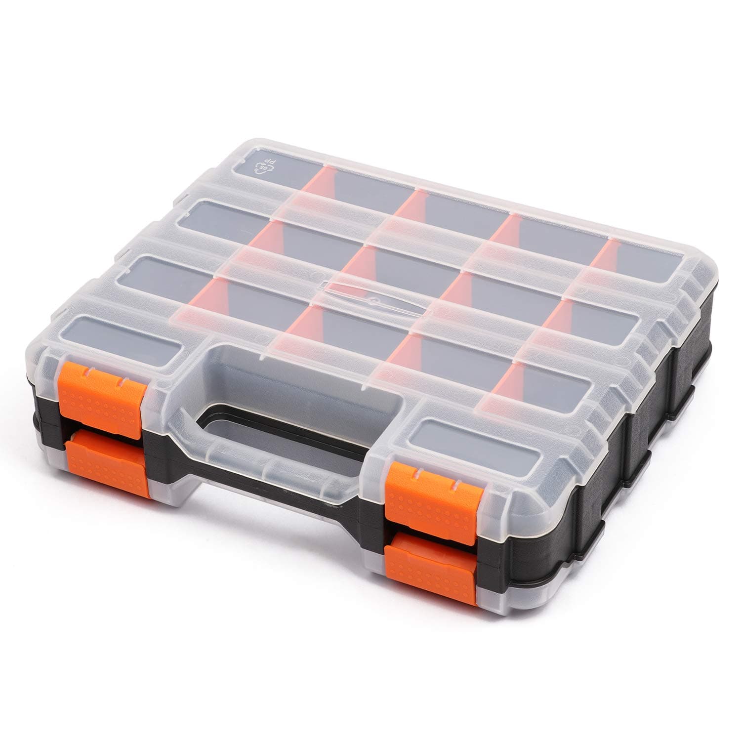 Double Side Tools Organizer, Customizable Removable Plastic Dividers, Hardware Box Storage, Excellent for Screws,Nuts,Small Parts, 34-Compartment, Black/Orange,12.6"L x 10.6"W x 3.2"H