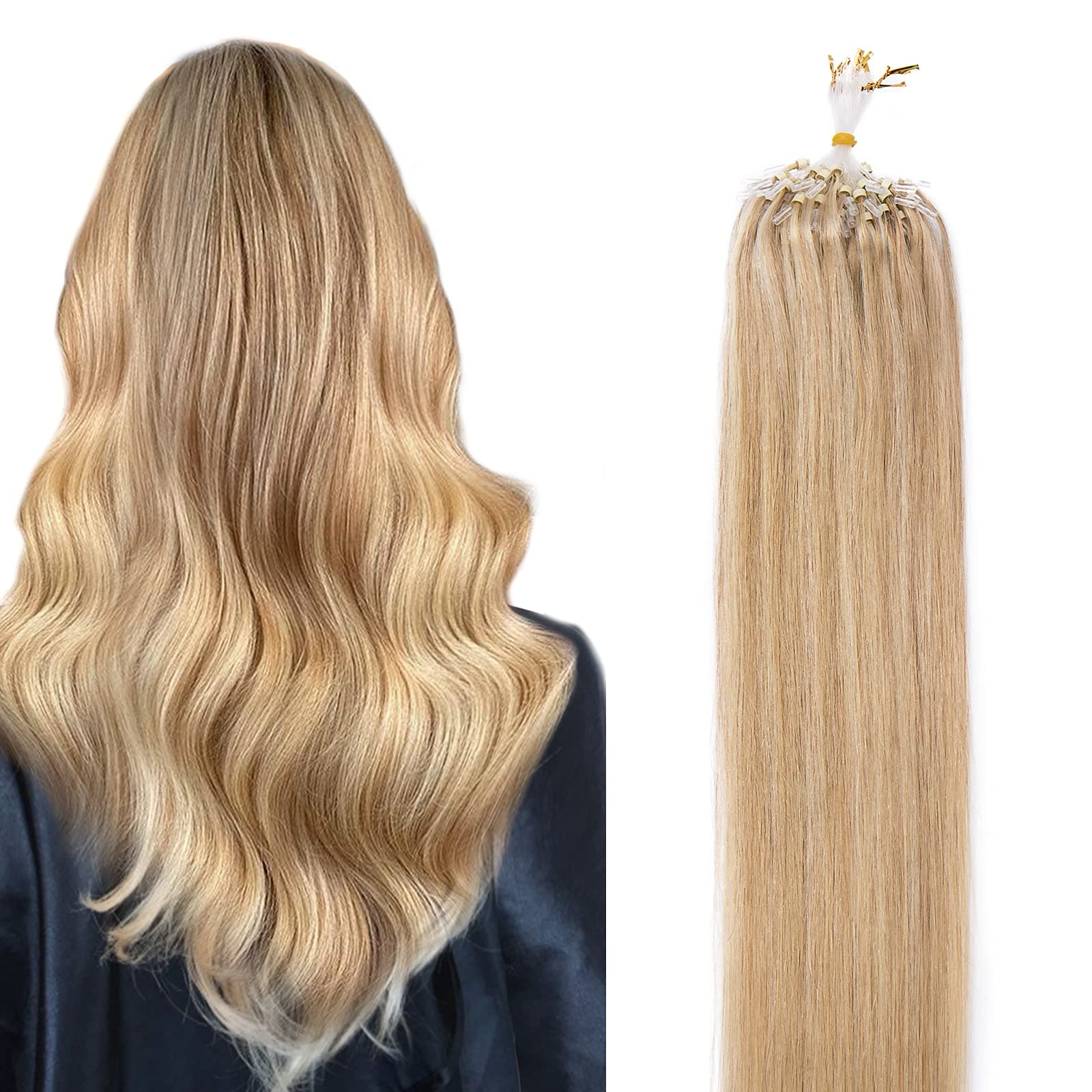 16"-22" Micro Loop Human Hair Extensions 100% Remy Real Hair Micro Ring Beads Straight 100 Strands 50g (22", 18/613 Ash Blonde/Bleach Blonde)