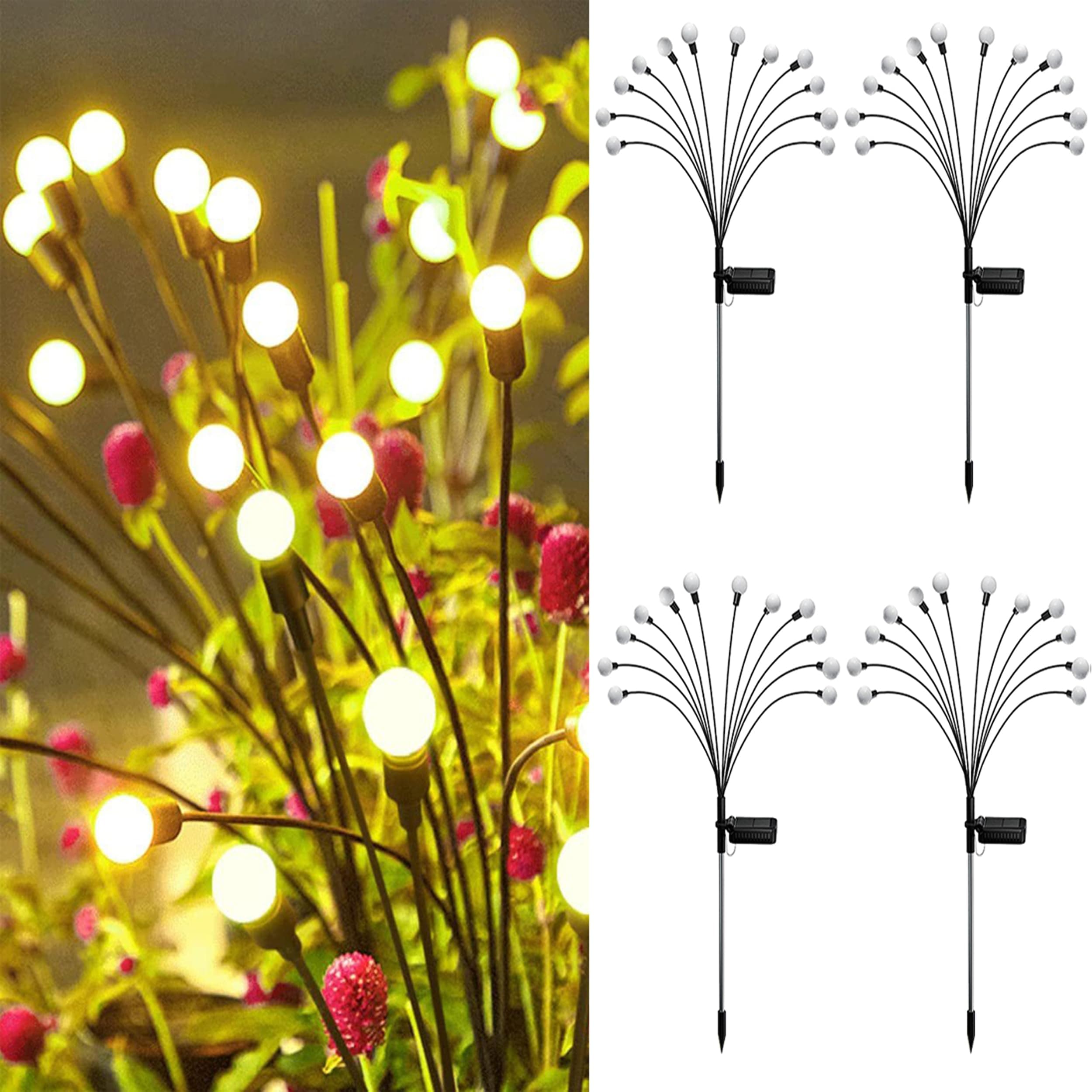 Solar Garden Lights, 4 Pack 48 LED Solar Firefly Lights Outdoor Waterproof Garden Lights, New Upgraded Solar Swaying Outdoor Lights for Outdoor Garden Patio Walkway Decoration, Warm White