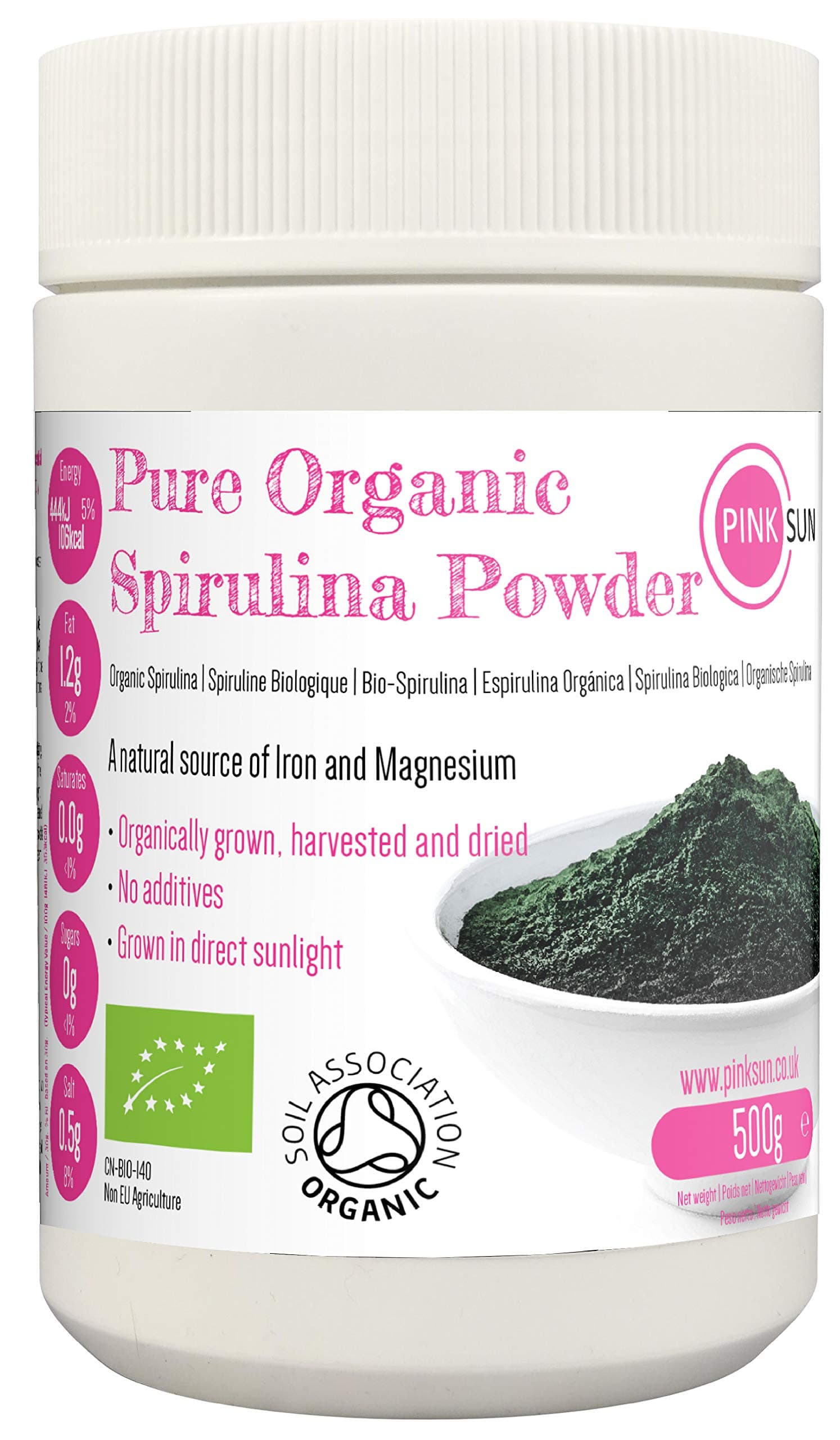 PINK SUN Organic Spirulina Powder 500g (1kg or 2kg) Gluten Free Non GMO Suitable for Vegetarians and Vegans Certified Organic by The Soil Association