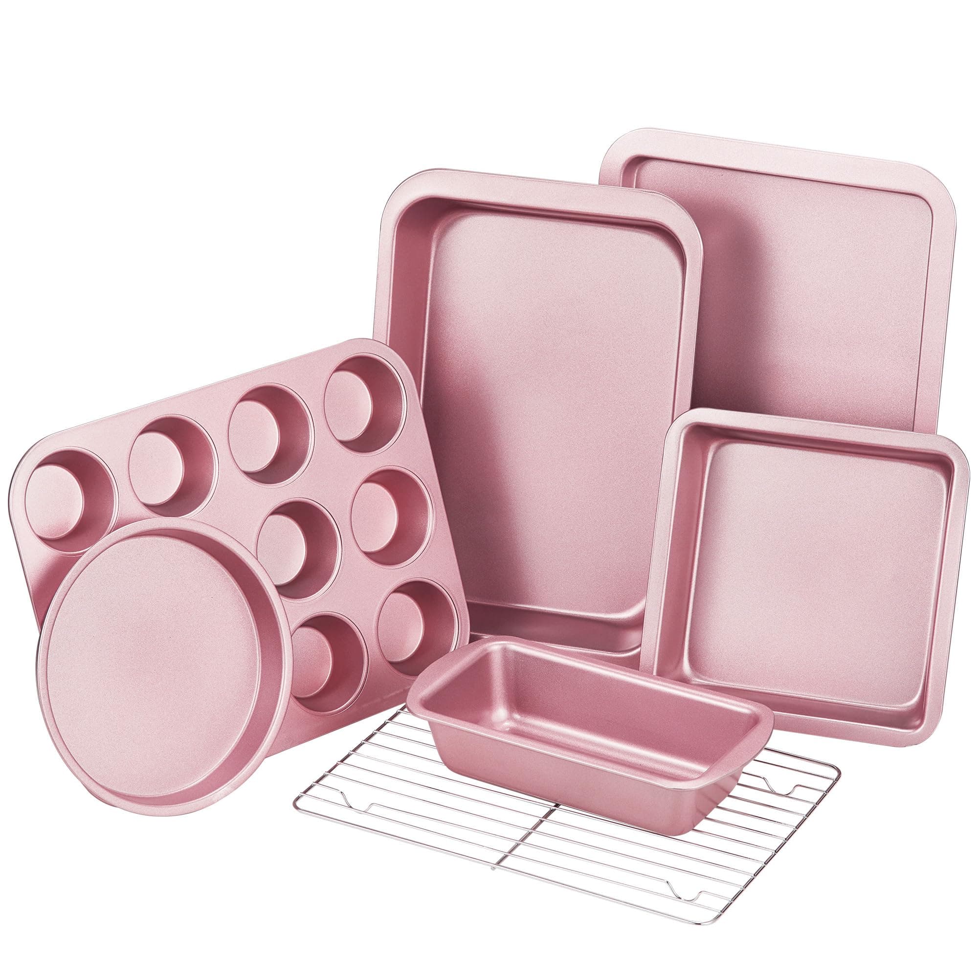 KITESSENSU Baking Pans Sets, Nonstick Bakeware Sets 7-Piece with Round/Square Cake Pan, Loaf Pan, Muffin Pan, Cookie Sheet, Roast Pan, Cooling Rack, Carbon Steel Bake Set Pink