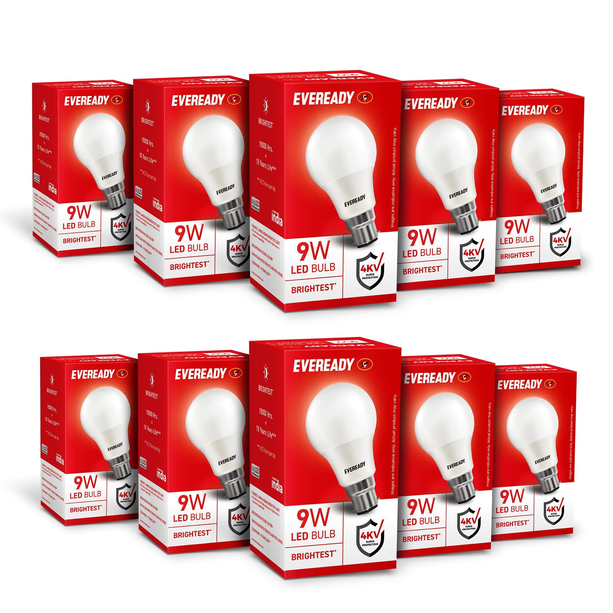 Eveready 9W LED Bulb, Cool Day Light (6500K), B22 Base, Energy-Efficient, 4kV Surge Protection, Long-Lasting Durability - Pack of 10