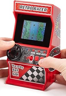Mini Arcade Racing Machine, 30 In-Built 8-Bit Racing Games, Play Car, Bike, Boat & Skiing Games, 2.4†Full Colour Screen, Steering Wheel, Gear Stick, 2 Buttons, Volume Control - ThumbsUp!