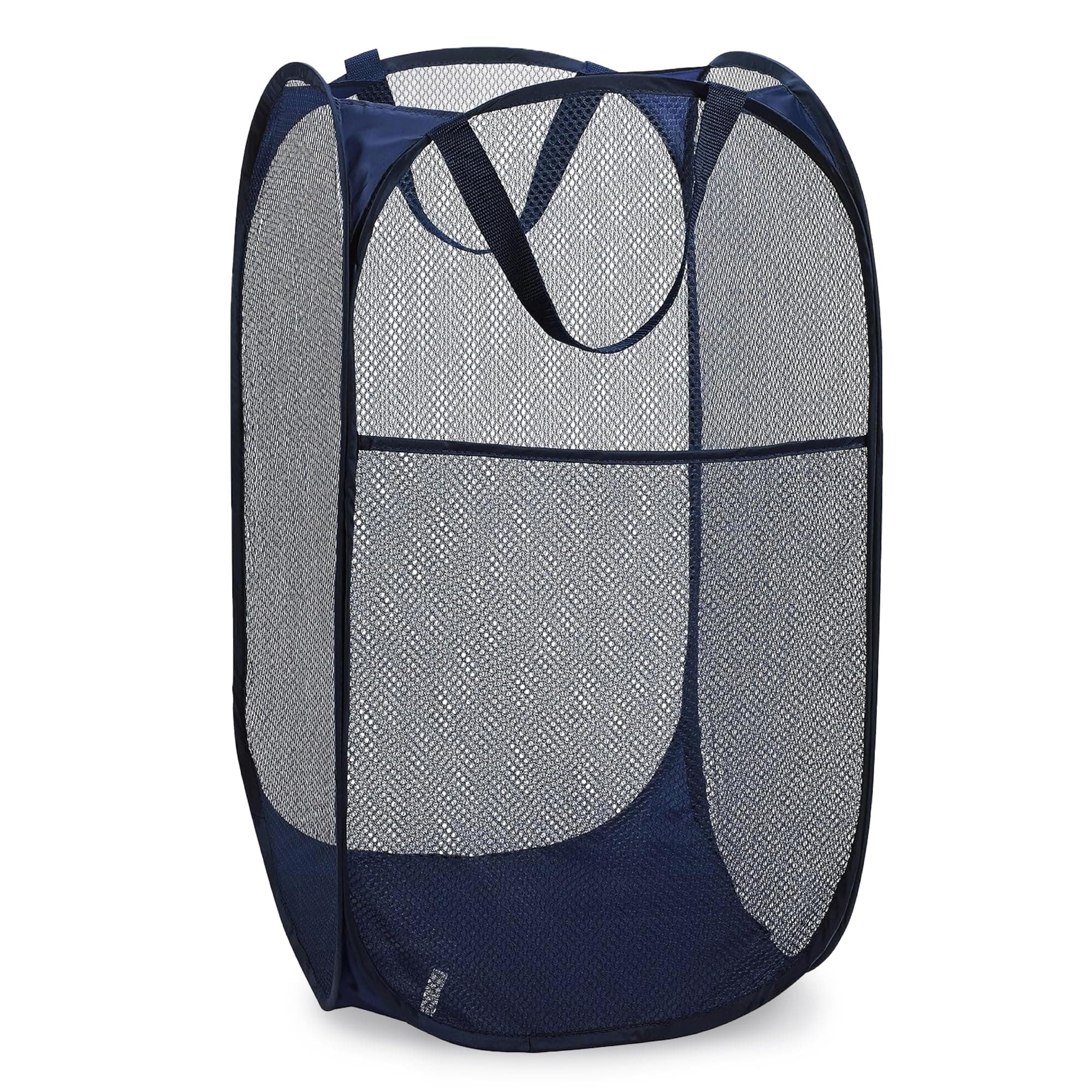 Navy Blue : Mesh Pop-Up Laundry Hamper, Navy Blue - 14" x 24" - Easy to open and folds flat for storage. Hampers mesh material helps eliminate laundry odors and moisture. Great laundry hamper for college dorm