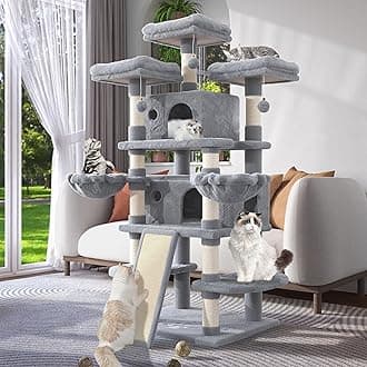 WEEWAY 68 Inches Multi-Level Large Cat Tree for Feline/Big Tower/Condo/Cozy Plush Kitty Perches/Fluffy Balls/Sisal Scratching Posts and Hammocks/Cave/Furniture Activity Center/Grey